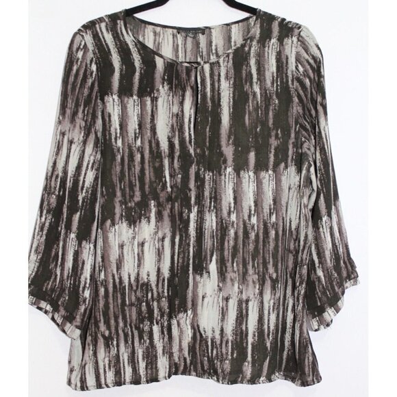WILLI SMITH Womens Pullover Top Blouse Large Grey Black Abstract 3/4 Sleeves EUC - Picture 1 of 16